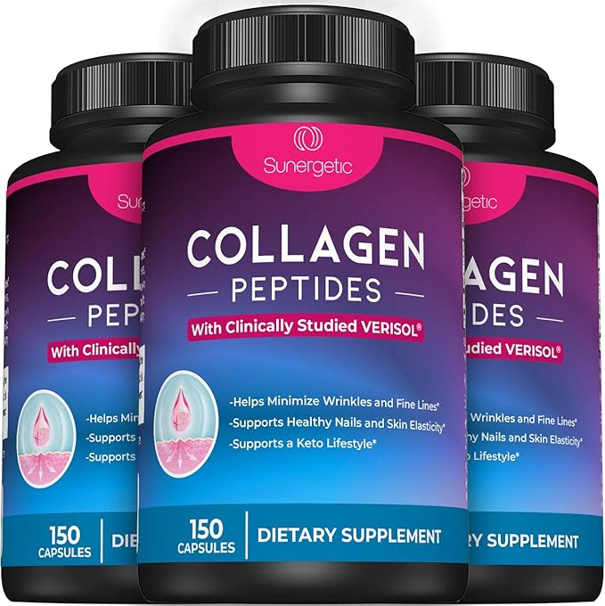 Sunergetic Premium Collagen Peptides Capsules – 2500 mg of VERISOL Collagen Peptides Type 1 & Type 3 – Multi Collagen Supplement to Support Joint Health, Hair, Skin & Nails – 150 Collagen Capsules