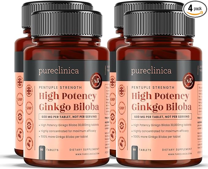 pureclinica High Potency Ginkgo Biloba 30,000mg x 360 Tablets (4 Bottles of 90) - 12 Months Supply - 5 Times The Strength of Competitor Products