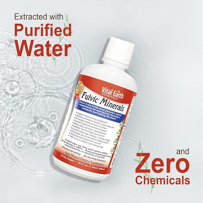 Vital Earth Minerals Fulvic Minerals Liquid – Fulvic Acid Supplement with 70+ Trace Minerals, Electrolytes for Energy & Vitality, 32 Oz + 1 Oz Cup