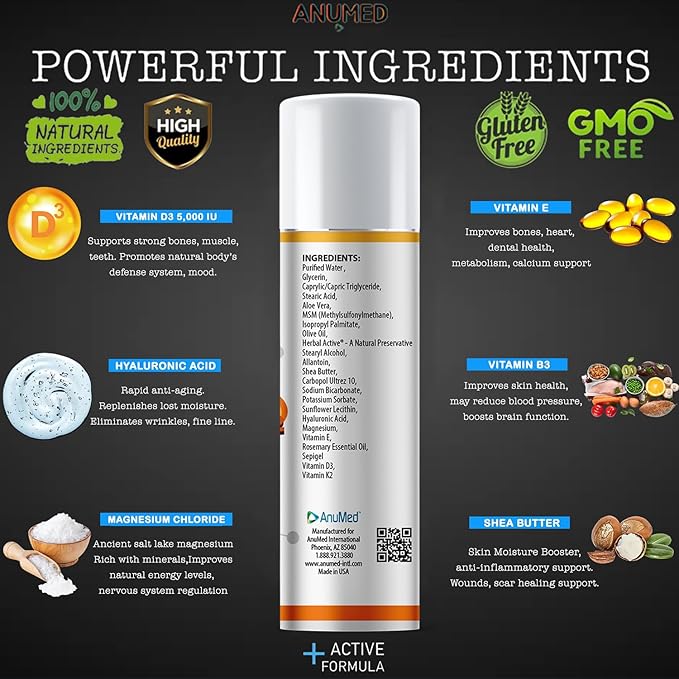 AnuMed Vitamin D3 K2 5,000 IU Cream with Magnesium, Hyaluronic Acid, Vitamin E. Best Moisturizer for Dry Skin. Promotes The Immune System, Strong Bones, Muscles, and Joints (Packaging May Vary) (3oz)