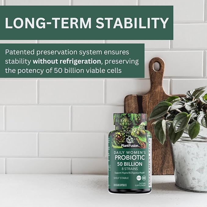 PlantFusion Vegan Probiotics for Women with Prebiotics - 50 Billion CFU, 8 Strains for Immune, Vaginal & Digestive Health Support - Shelf Stable, Non-GMO, Gluten Free - 30 Capsules (1 Month Supply)