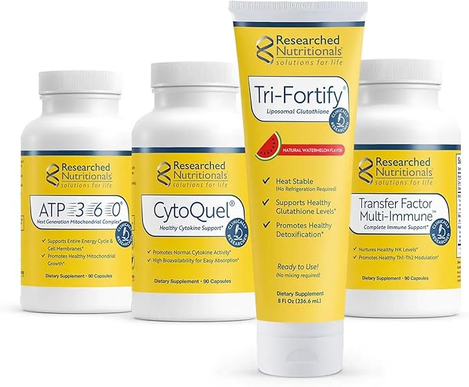 Researched Nutritionals Foundation Kit - Tri-Fortify Liposomal Glutathione (450mg) Watermelon, Transfer-Factor Multi Immune, ATP 360 & CytoQuel to Support Energy, Immunity, Cytokine Response & Detox