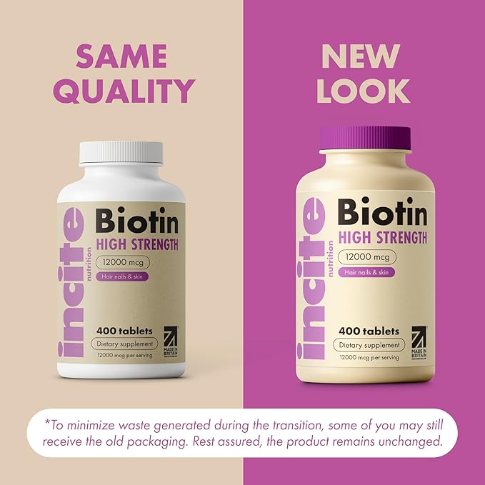 Incite Nutrition Biotin Supplement 12000mcg - +1 Year Supply - High Strength 120 Easy Swallow Tablets - Biotin Hair Growth Vitamins for Hair, Skin & Nails - Natural Vegan & GMO-Free - Made in UK