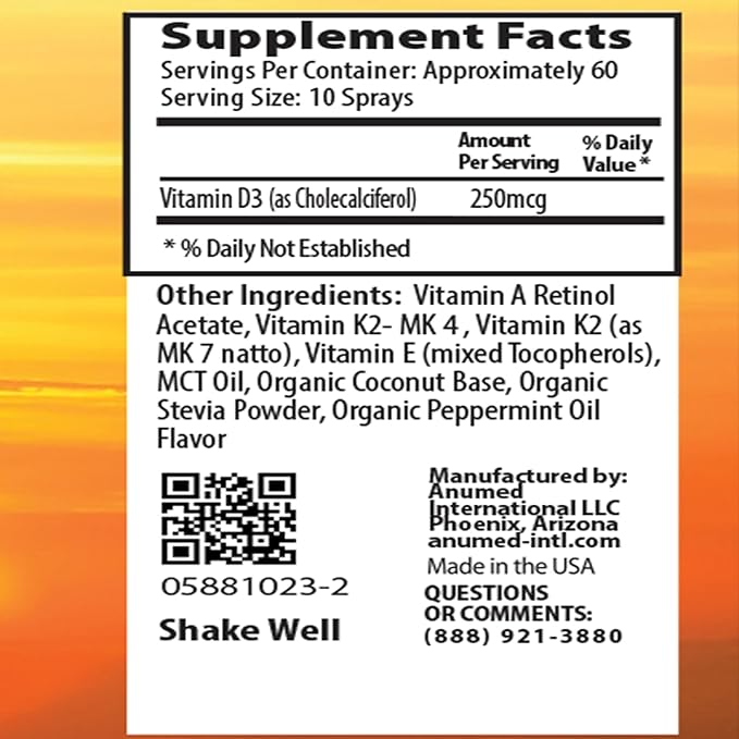 Vitamin D3 K2 10,000 IU Liquid Spray with Organic MCT Oil, Vitamin A (Retinol) 1250mcg, K2 (MK4,MK7) Promotes Heart, Bones, Immune System. 100% Vegan, Non-GMO, Gluten-Free, No Sugar Added (2oz)
