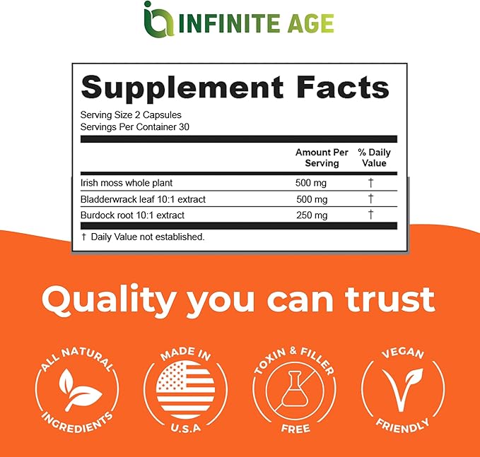 INFINITE AGE 2 Pack of 1250mg Sea Moss Advanced Superfood Capsules, 120 Count - High-Potency, Vegan, Made in The USA - Irish Seamoss, Bladderwrack, Burdock Root - Overall Health, Immunity Support