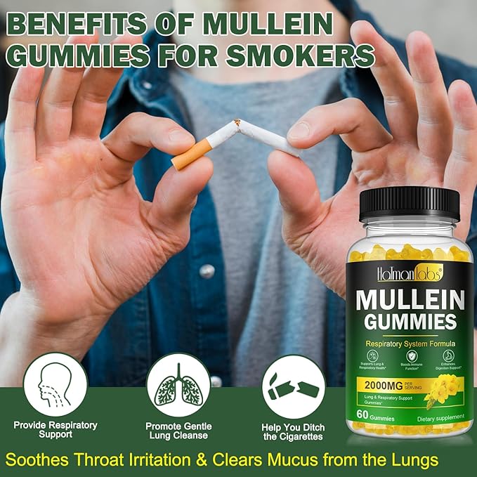 120 Count Mullein Gummies for Lungs, 2000 MG(50:1 Extract) Mullein Leaf Extract for Lung Cleanse and Respiratory Support, Natural Mullein Herbal Supplement, Pear Flavor Gummies