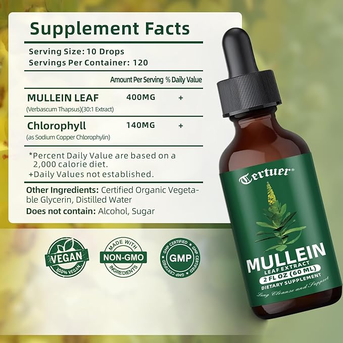Mullein Tincture Improves Your Lung Health - Lung Cleanse - Vegan Lung Detox - Respiratory Health and Immune Support Drops - Natural Supplement Liquid Extract 2 oz.