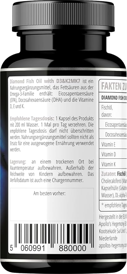 APOLLO'S HEGEMONY Diamond Fish Oil 1000mg per Capsule with Vitamins D3, K2 and E - 60 Capsules - High Dose Omega 3 with 330mg EPA and 220mg DHA - Fish Oil Fatty Acids (EFAs)