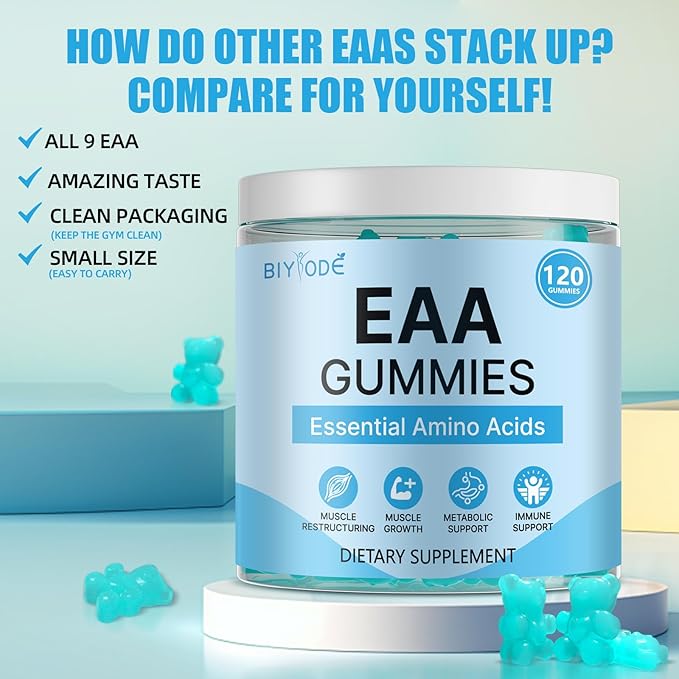 EAA Gummies: Essential Amino Acids All 9 Essential Aminos & Branched-Chain Aminos Non-GMO Gluten Free Vegetarian-Friendly 120 Gummie Blue Raspberry