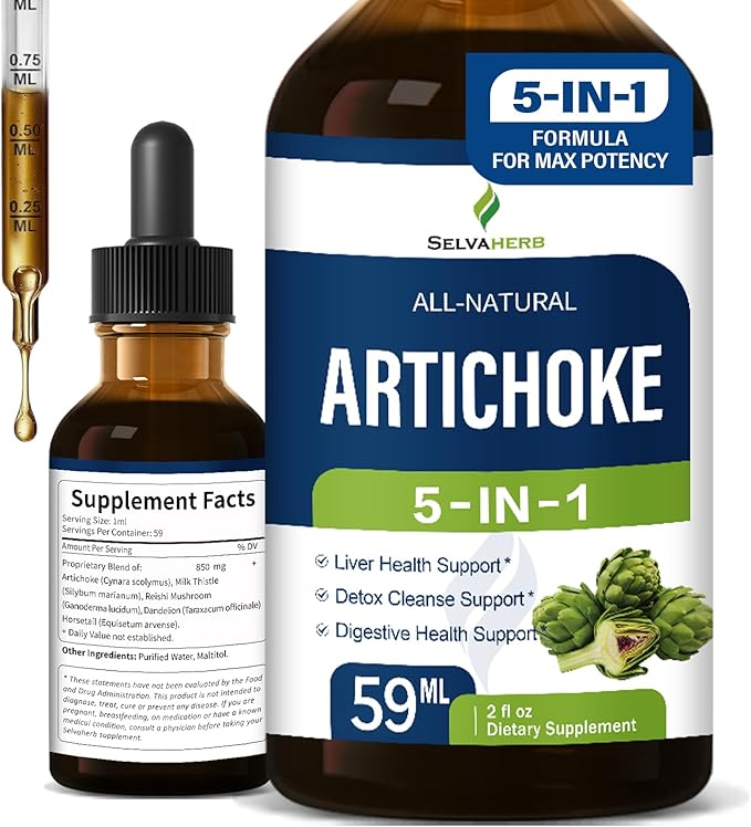 Artichoke Extract Drops for Liver Detox Cleanse & Repair, Milk Thistle 5-in-1 Optimized Herbal Formula, Liver Health Support Supplment w/Dandelion Horsetail & More, High Absorbtion. 2oz