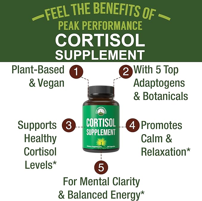 5-in-1 Cortisol Supplement for Women & Men. Lower High Cortisol with Ashwagandha, Rhodiola Rosea, L-Theanine, Phosphatidylserine, Magnolia Bark. Calm Relaxation, Balanced Energy, Vegan Supplements
