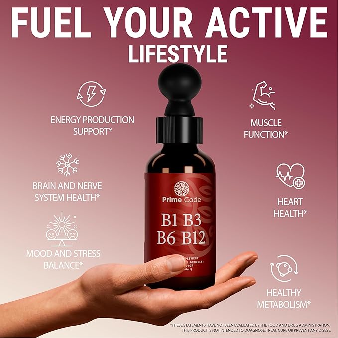 Prime Code Liquid Vitamin B1 Drops with Vitamin B3 B6 & B12 | B Complex Liquid Supplement | Thiamine Supplement for Adults | High Absorption | Immune Support | Non-GMO | Gluten-Free