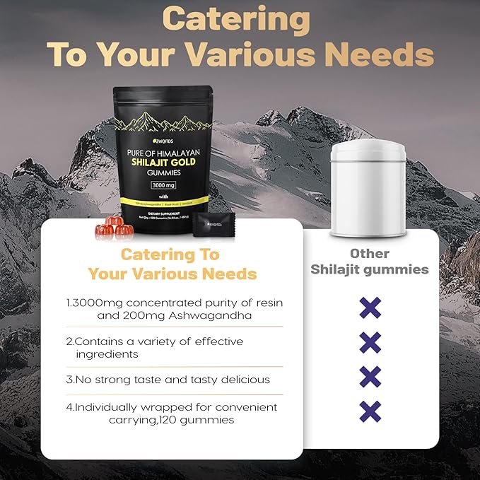 Shilajit Gummies with Ashwagandha & Turmeric - The Ultimate Organic, Vegan-Friendly Health Boost! Zero Sugar, Immunity Support for Men & Women - 120 Count! (Bag Pack)