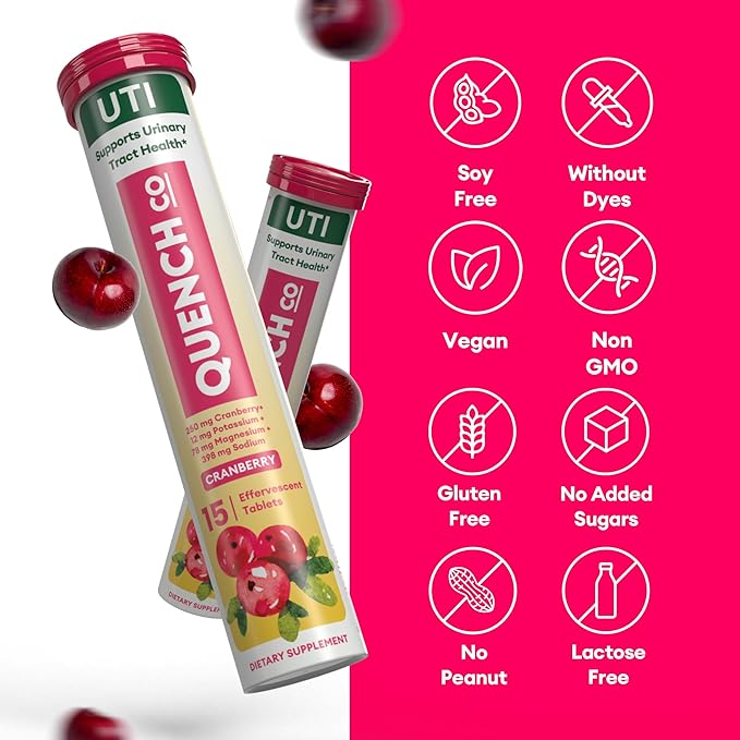Quench UTI Relief Effervescent Tablets - Fast-Acting Urinary Tract Support, Flushes Impurities, Soothes Discomfort - Natural Cranberry Flavor, Sugar-Free, Vegan - 30 Tablets