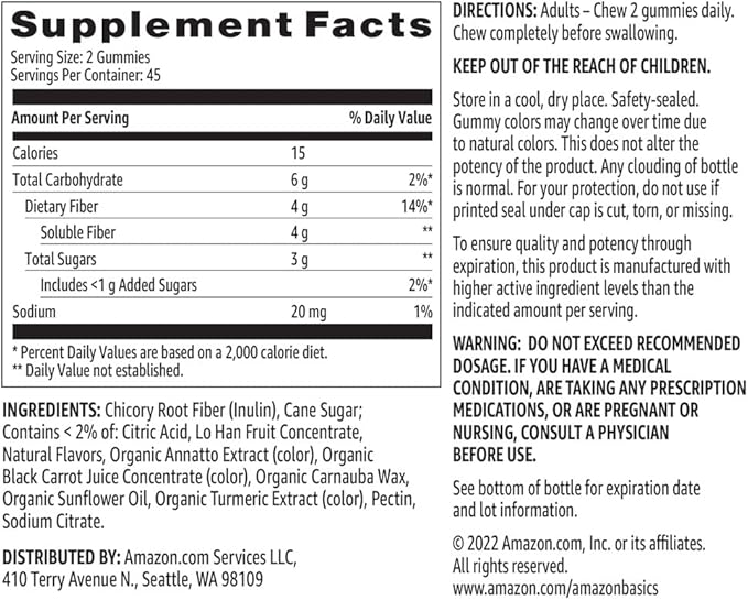 Amazon Basics (previously Solimo Fiber 4g Gummy - Digestive Health, Supports Regularity, Orange, Lemon & Strawberry, 90 Gummies (2 per Serving) (Pack of 2)