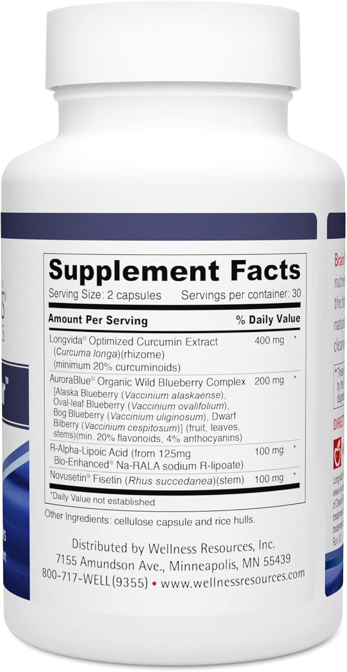 Wellness Resources Brain Protector Longevity Supplement with Novusetin Fisetin, Longvida Curcumin, AuroraBlue Wild Blueberry and na-RALA. Senolytic, Nerve & Brain Support (60 Vegetarian Capsules)