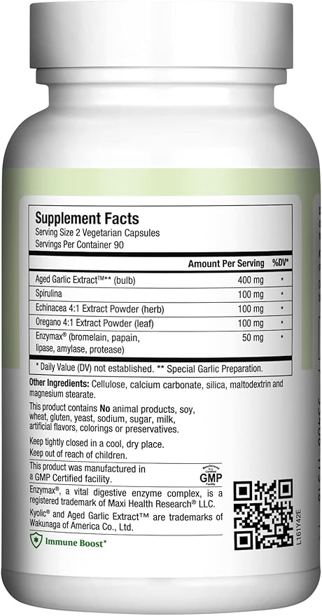 Maxi Health - Maxi Biotic Aged Garlic Extract Capsules (180 Count) | Kyolic Garlic Supplement with Spirulina, Echinacea, Oregano and Enzymax - Natural Antioxidant - Wellness Support