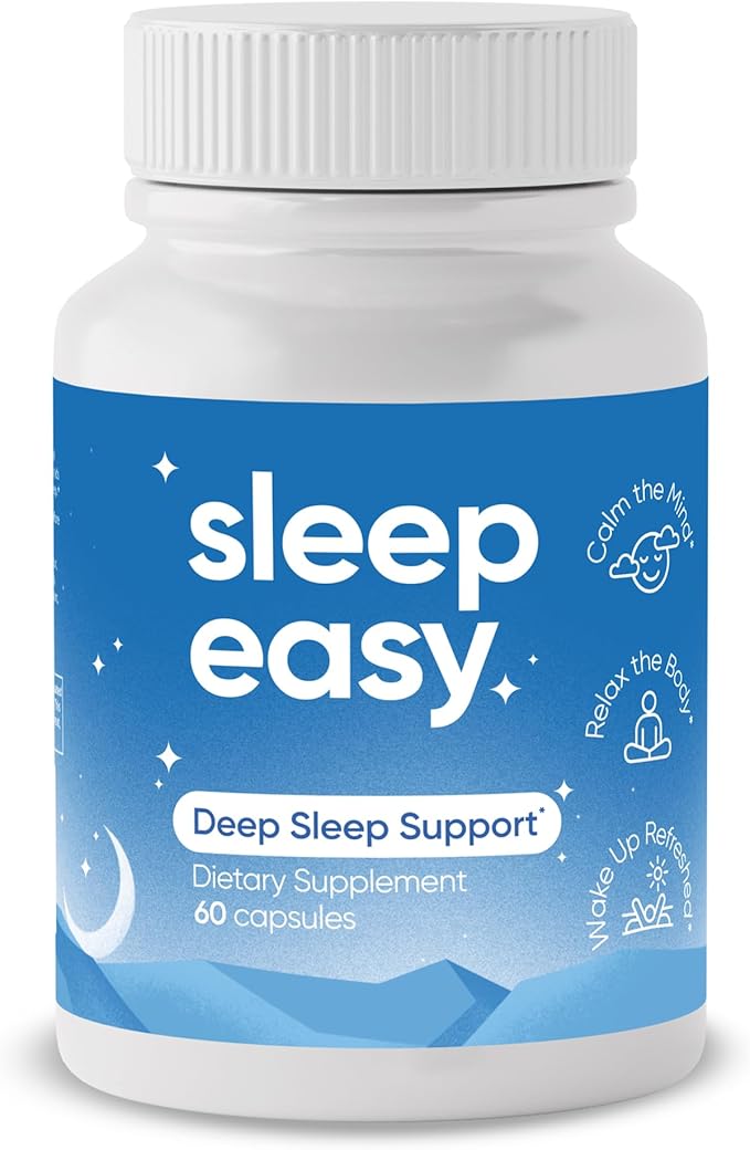 Sleep Easy Natural Sleep Aid Supplement | Magnesium, Ashwagandha, GABA, L-Theanine & 5 Calming Herbs | Melatonin-Free & Non-Habit Forming (60 Capsules)