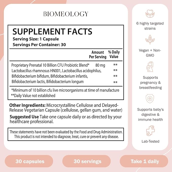 Probiotics for Pregnancy, Postpartum, and Breastfeeding | Supports Digestive and Immune Health for Mom and Baby | Morning Sickness Relief | Take with Prenatal Vitamins | 30 Capsules