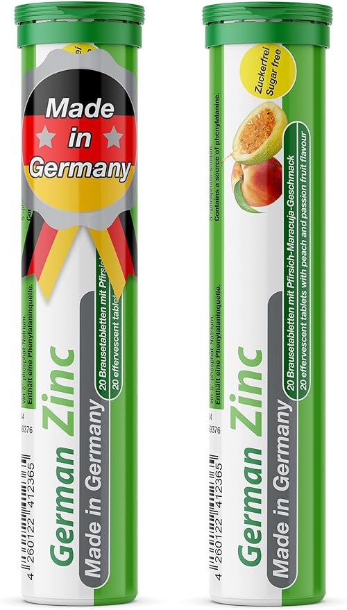 T&D German Zinc 5 mg - 40 Vegan Drink Effervescent Tablets - Peach-Passionfruit Flavor - Made in Germany