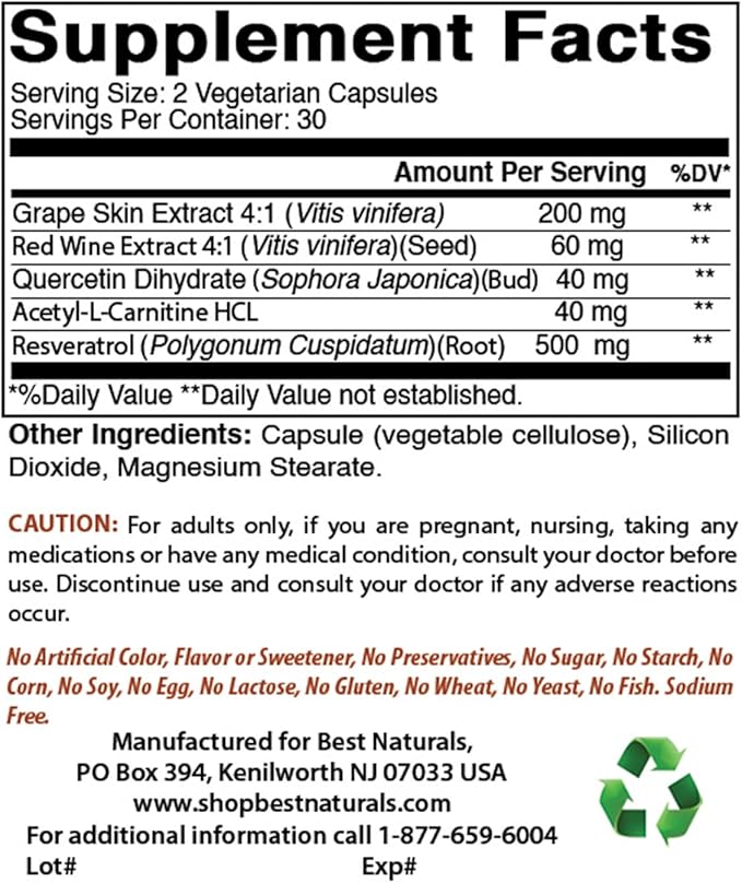 Best Naturals 2 Packs Resveratrol Complex 500 mg 60 Veg Capsules Made with Grape Skin, Red Wine, Quercetin - Gluten Free & Non GMO - (Total 120 Capsules)