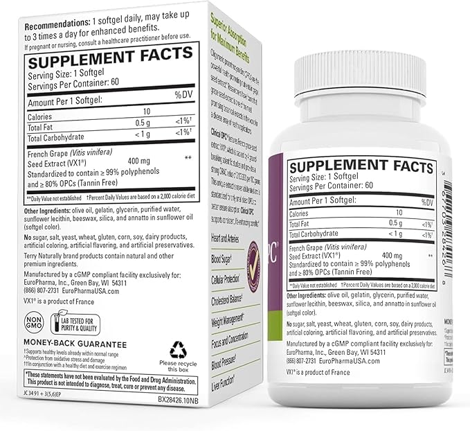 Terry Naturally Clinical OPC Extra Strength - Cardiovascular Health & Focus Support - Supplement with Grape Seed Extract - Immune Support Supplement - 60 Softgels (Pack of 3)