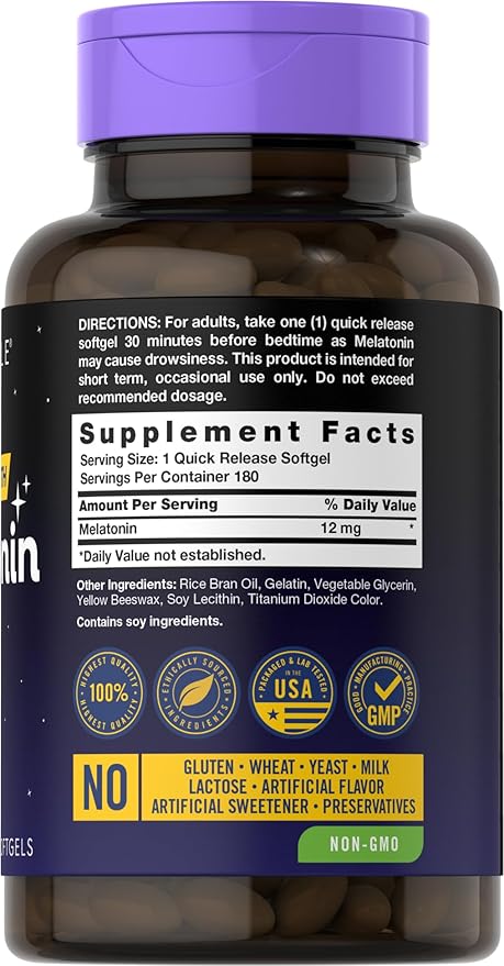 Carlyle Melatonin 12 mg | 180 Softgel Capsules | Adult Extra Strength Support Supplement | Non-GMO, Gluten Free