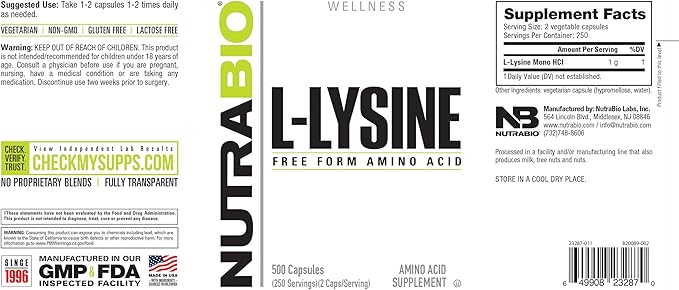 NutraBio L-Lysine (500mg) - Pure Grade Amino Acid - 500 Vegetable Capsules - Essential Amino Acid - Non-GMO - Gluten Free - Vegan