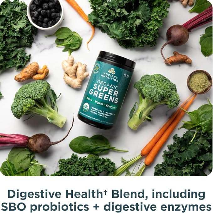 Ancient Nutrition Super Greens Powder, Organic Superfood Powder with Probiotics Made with Spirulina, Chlorella, Matcha, and Digestive Enzymes, 25 Servings, 7.5oz