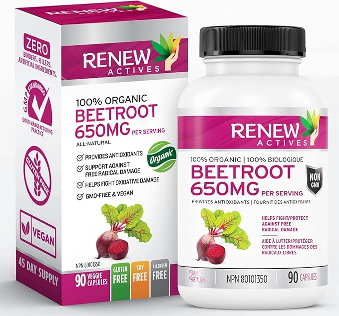 Renew Actives Organic Beetroot Supplement 1300MG per 2 Capsules - Pure Beetroot Powder for Circulation, Natural Energy, & Antioxidant Benefits - High-Potency Superfood, Made in Canada - 90 Capsules