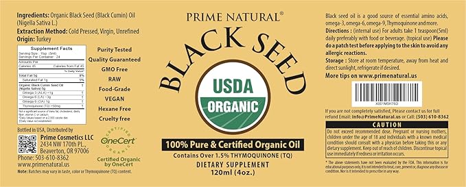 Prime Natural Organic Black Seed Oil 4oz - Cold Pressed Unrefined High Thymoquinone 1.7% USDA Certified - Turkish Origin Potent Nigella Sativa Liquid - Vegan Omega 3 6 9, Antioxidant
