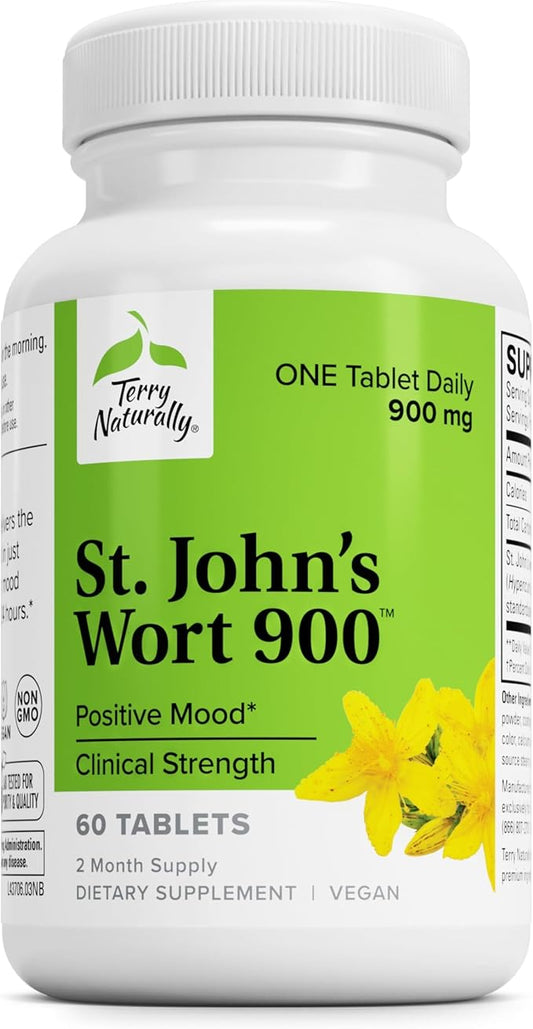 Terry Naturally St. John’s Wort 900 mg - 60 Tablets - Non-GMO, Vegan, Gluten Free - 60 Servings