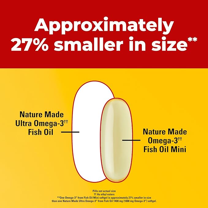 Nature Made Extra Strength Burp Less Fish Oil Omega 3 Supplements 1400 mg Minis, Omega 3 Fish Oil as Ethyl Esters for Healthy Heart Brain Eyes Support, 60 Softgels, 30 Day Supply