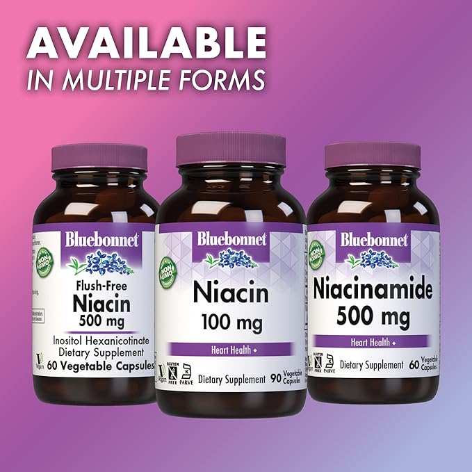 Bluebonnet Niacin 100mg Vitamin B3 Nicotinic Acid - Heart Health Support for Women & Men* - Non-GMO, Vegan, Kosher, Gluten-Free, Soy-Free, Dairy-Free Flush Niacin Supplement - 90 Vegetable Capsules