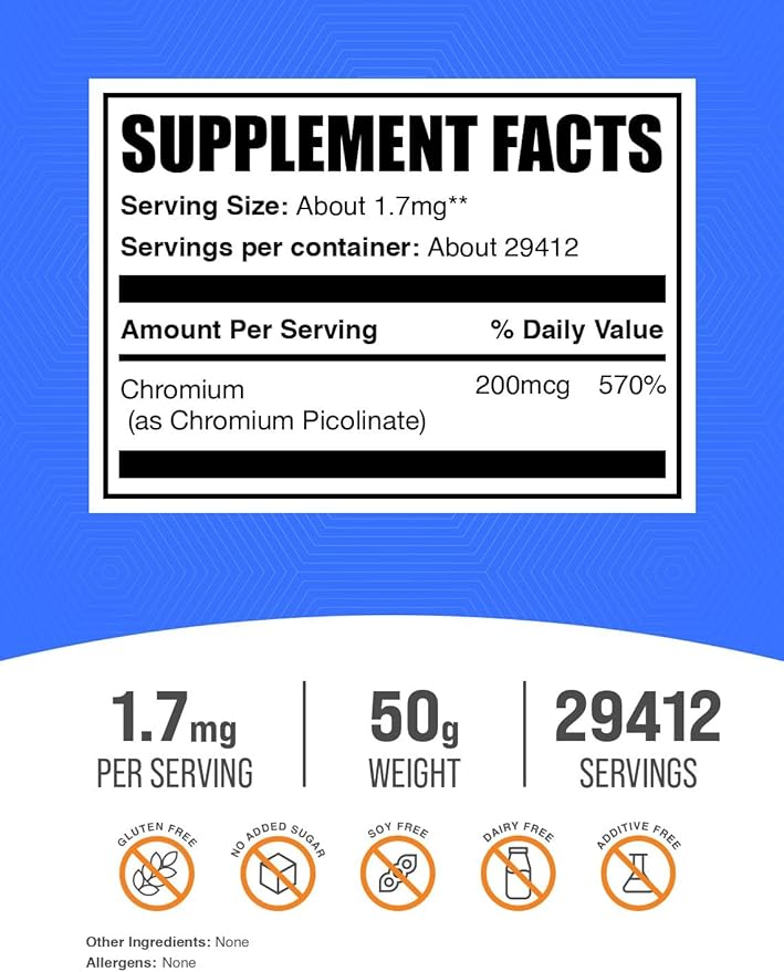 BulkSupplements.com Chromium Picolinate 200mcg Powder - Mineral Supplements - Gluten & Yeast Free, 200mcg of Chromium per Serving, 50g (1.8 oz) (Pack of 1)