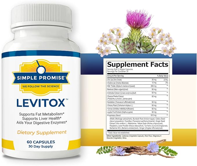 Simple Promise Levitox - Liver Detox Supplement with Milk Thistle, Dandelion Root and Artichoke Extract - Supports Liver Health, Metabolism and Digestion - 60 Capsules