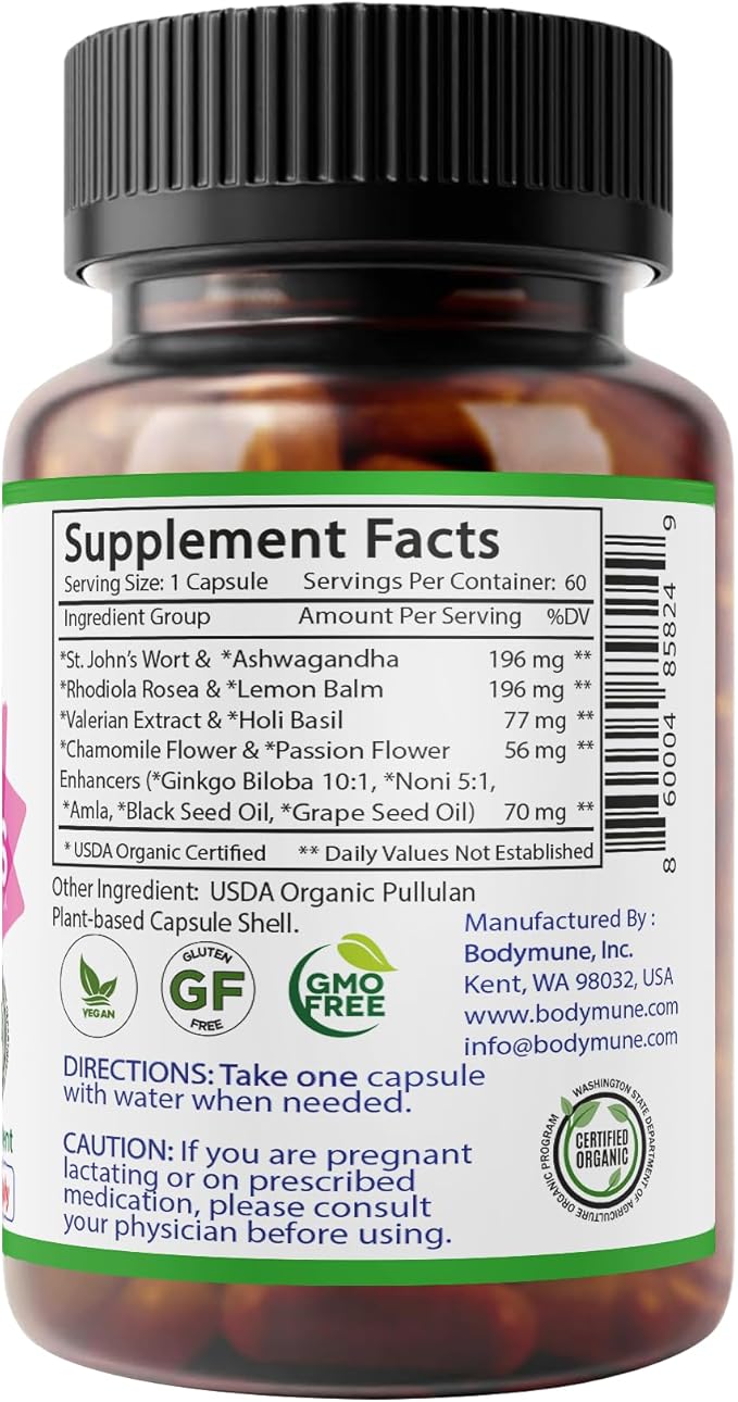 MoodBliss Mood Support Supplement, USA-Made USDA Organic Plant-Based Superfood for Stress Relief, Calm Mind & Body w/St John’s Wort Rhodiola Ashwagandha Valerian Medicinal Oils & More 60 ct