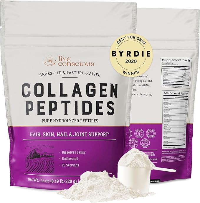 Live Conscious Collagen Peptides Powder - Naturally-Sourced Hydrolyzed Collagen Powder - Hair, Skin, Nail, and Joint Support - Type I & III Grass-Fed Collagen Supplements for Women and Men - 16oz