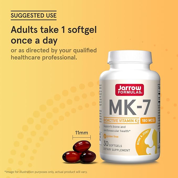 Jarrow Formulas® MK-7 180 mcg, Bioactive Form of Vitamin K2 For Bone and Cardiovascular Health, Vitamin K2 MK-7 Dietary Supplement, 30 Softgels, 30 Day Supply
