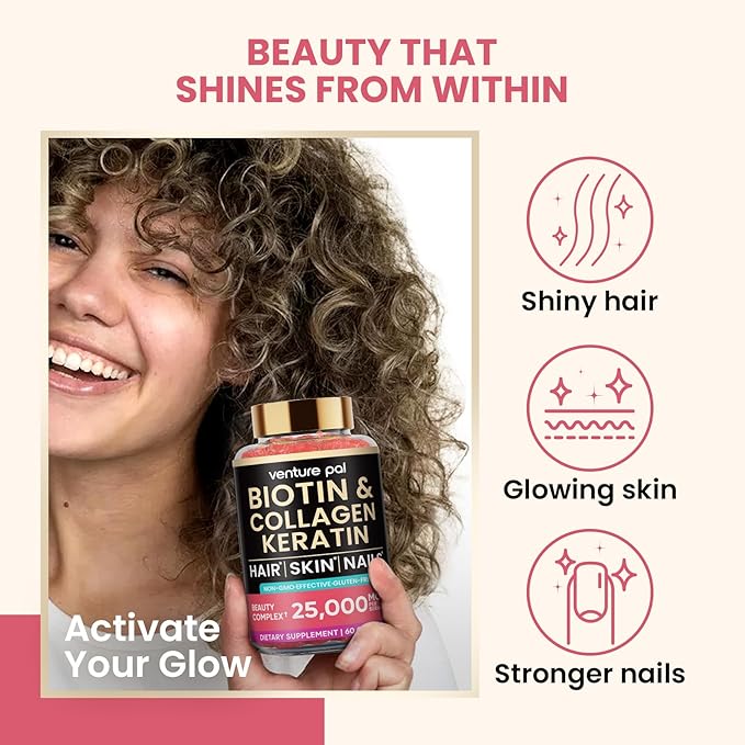 Venture Pal Biotin Gummies with Collagen & Keratin - Hair Growth Support Skin and Nail Strength Vitamins for Women & Men - Biotin 10000mcg | B-Complex | Saw Palmetto - Sugar Free, Non-GMO, 60ct