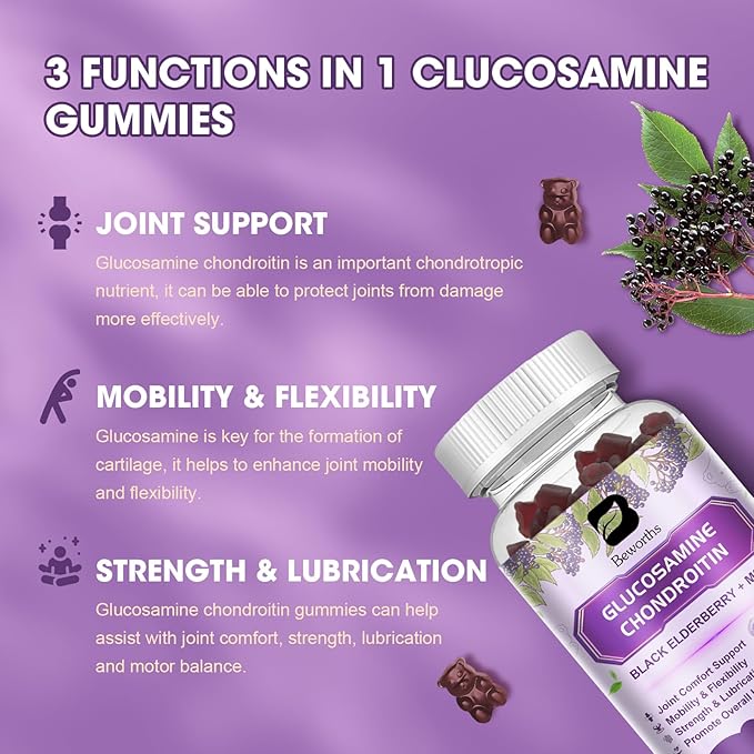 (2 Pack) Glucosamine Chondroitin Gummies, Extra Strength Joint Support Supplement with MSM & Elderberry for Mobility & Flexibility, Antioxidant Support for Men & Women, 120 Gummies