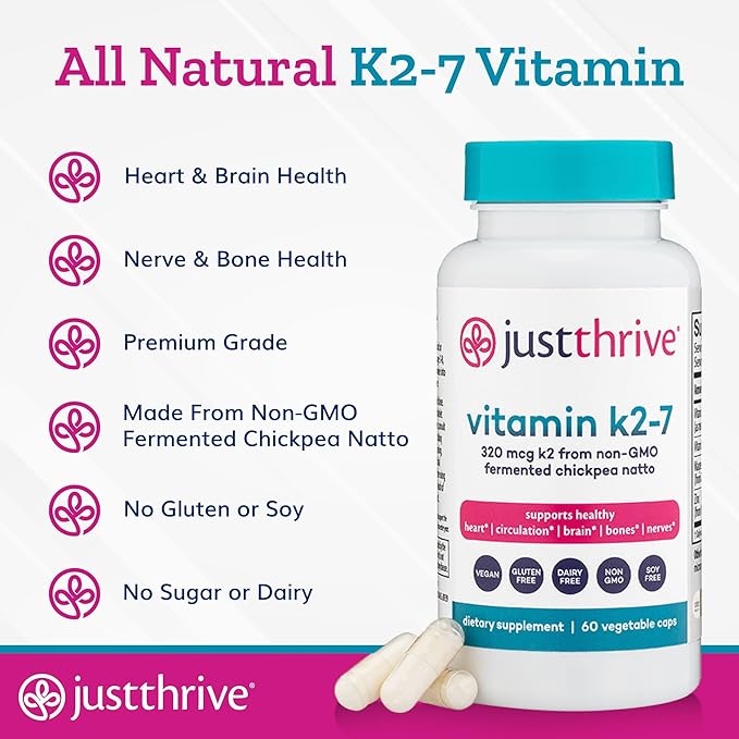 Just Thrive Vitamin K2-7 - Bone, Brain, and Heart Health K2 Vitamin Supplement, 60 Capsules