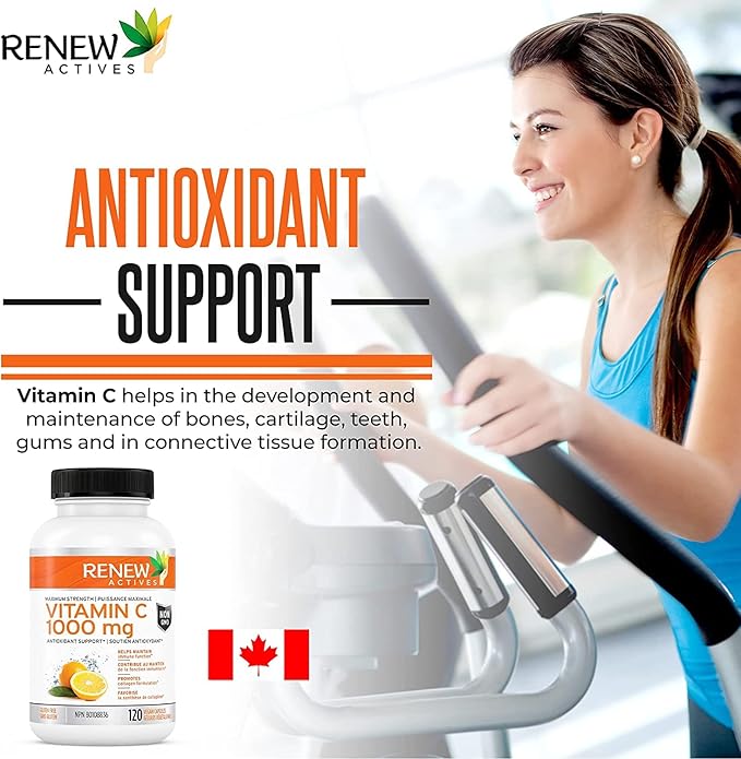 RENEW ACTIVES Maximum Strength Vitamin C 1000MG per Serving – Antioxidant & Immune Booster for Overall Health, Bones, Teeth & Gums – Non-GMO, Sugar-Free, 4-Month Supply – Made in Canada – 120 Capsules