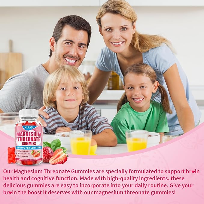 Magnesium L-Threonate Gummies 500mg, Suagr-Free Magnesium Threonate Supplement for Kids & Adults Muscle & Nervous Health Support, Strawberry Flavor 120 Count