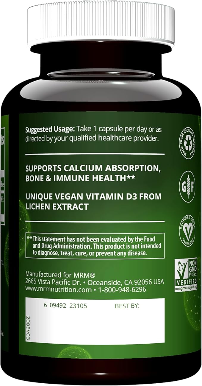 MRM Nuturition Vegan Vitamin D3 2,500 IU | Bone + Immune Health | Made from lichens | Supports Calcium Absorption | Vegan + Vegetarian Friendly | 60 Servings