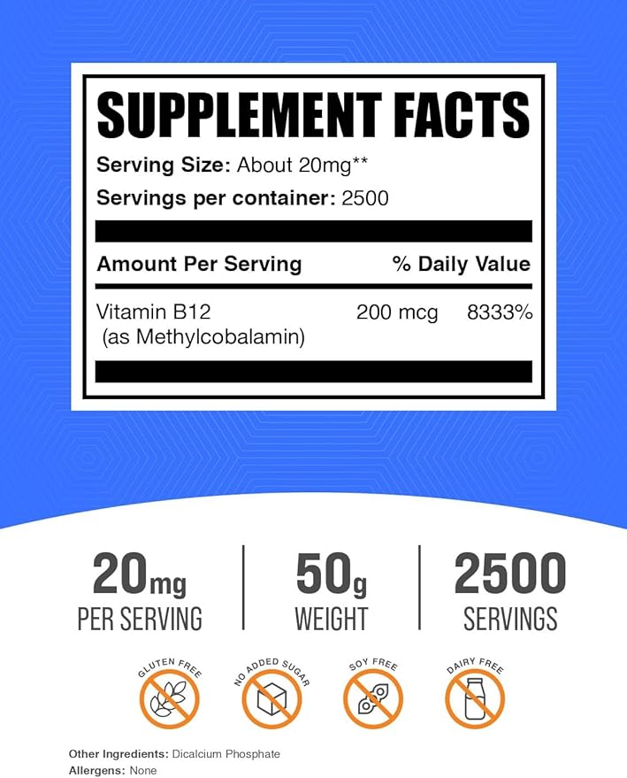 BulkSupplements.com Vitamin B12 Methylcobalamin Powder - 1% B12 Methylcobalamin, Essential B Vitamin - B12 Supplement, Gluten Free, 20mg per Serving, 50g (1.8 oz) (Pack of 1)