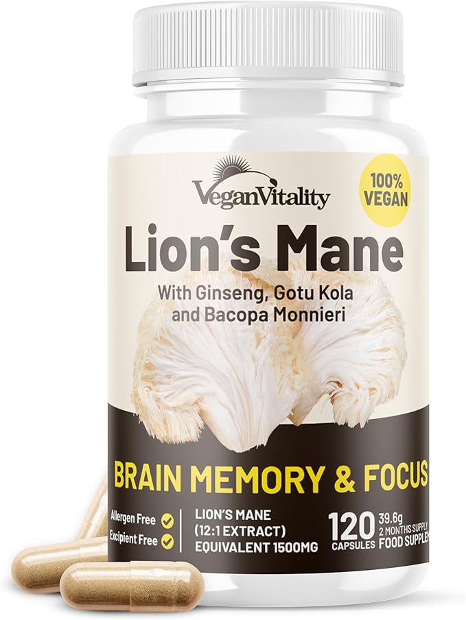 Vegan Vitality Lions Mane Supplement Capsules - Nootropic Brain Support Supplement, Lions Mane Mushroom Extract Capsules - 120 Vegan Bacopa Monnieri, Gotu Kola, Ginseng