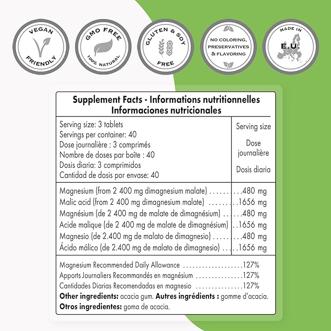 SuperSmart - Magnesium Malate 2400mg per Day (Highly Bioavailable) - Superior Mineral - Magnesium Malic Acid Supplement | Non-GMO & Gluten Free - 120 Tablets
