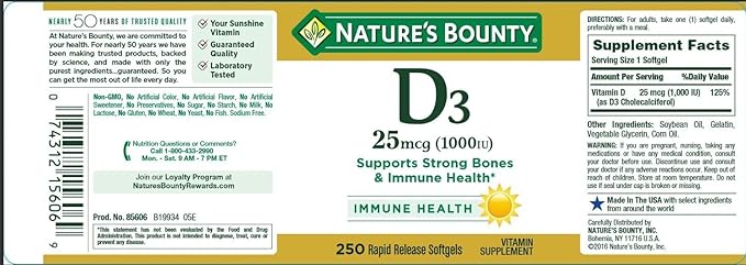 Nature's Bounty Vitamin D3-1000 IU, Rapid Release Softgels 250 ea (Pack of 2)