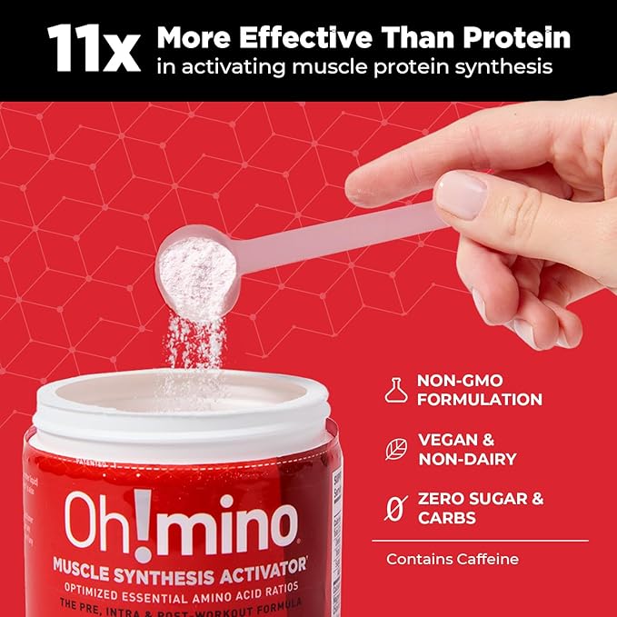 Oh!mino Amino Acids for Muscle Gain - BCAAs Amino Acids Powder Supplement for Pre & Post Workout - Caffeinated, Non Dairy, Vegan, Zero Sugar & Net Carbs - 40 Servings (Tropical Splash)